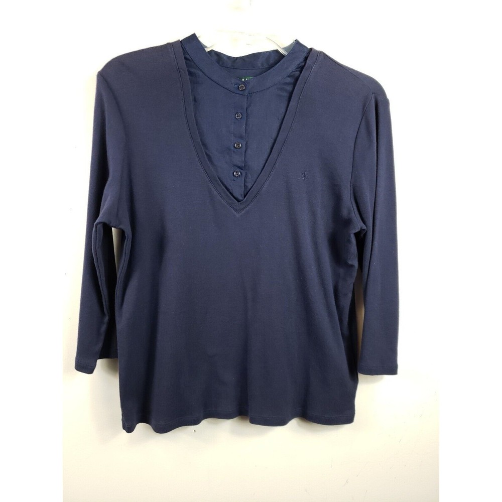 Lauren Ralph Lauren Top Womens Petite Large Navy Blue Solid 3/4 Sleeve